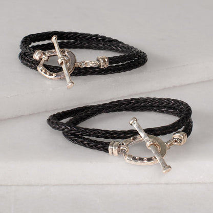 Urban Equestrian  Roundup - Braided Leather Horseshoe Bracelet in Black & Silver