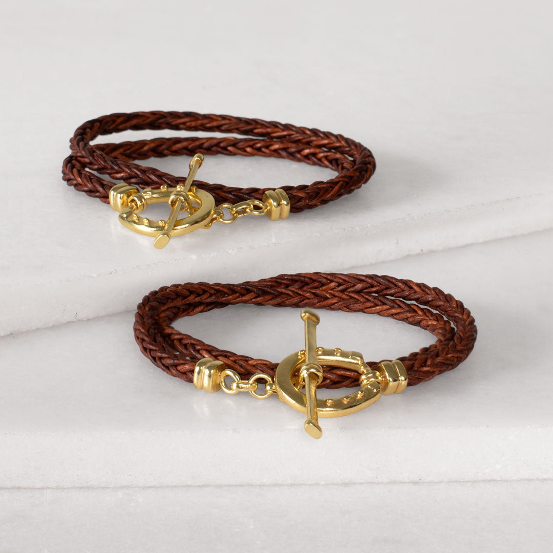 Urban Equestrian  Roundup - Braided Leather Horseshoe Bracelet in Brown & Gold