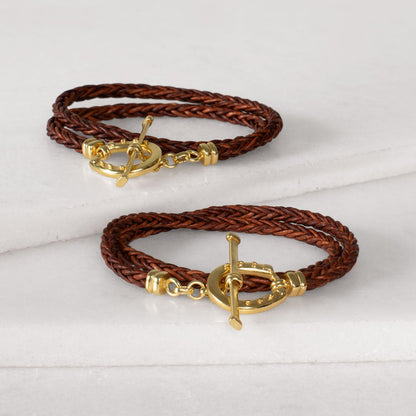Urban Equestrian  Roundup - Braided Leather Horseshoe Bracelet in Brown & Gold