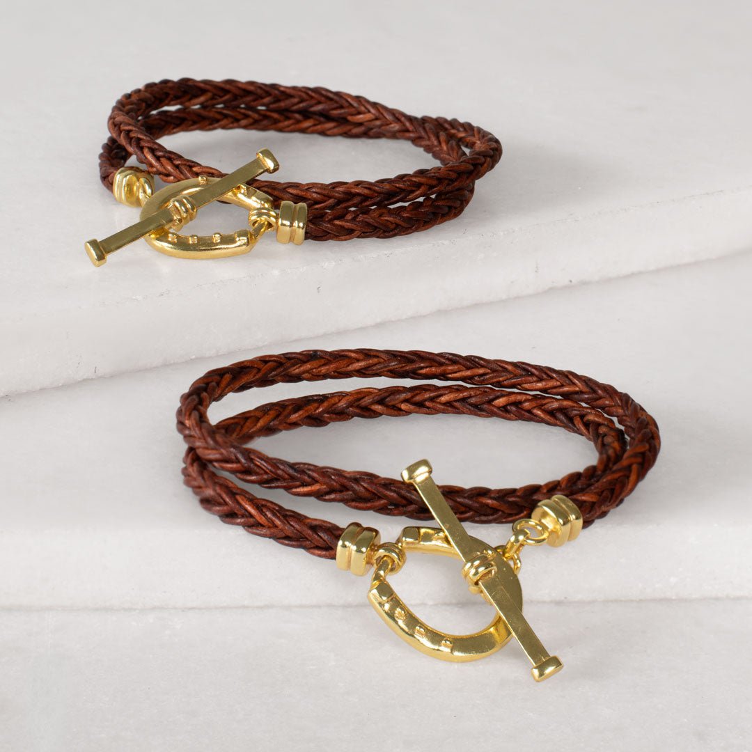 Urban Equestrian  Roundup - Braided Leather Horseshoe Bracelet in Brown & Gold