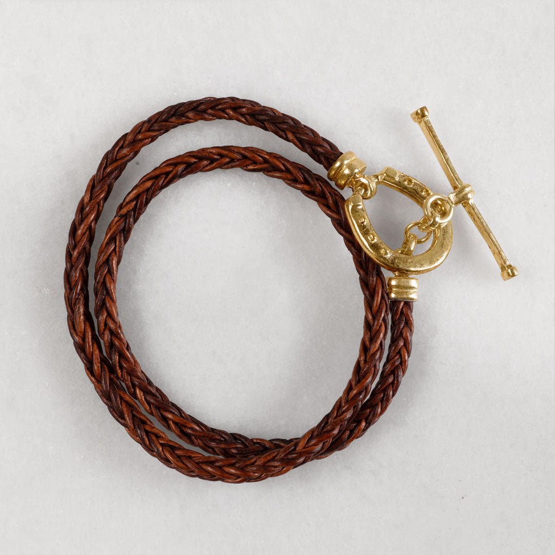 Urban Equestrian  Roundup - Braided Leather Horseshoe Bracelet in Brown & Gold