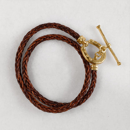Urban Equestrian  Roundup - Braided Leather Horseshoe Bracelet in Brown & Gold