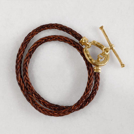 Urban Equestrian  Roundup - Braided Leather Horseshoe Bracelet in Brown & Gold