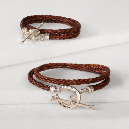 Urban Equestrian  Roundup - Braided Leather Horseshoe Bracelet in Brown & Silver