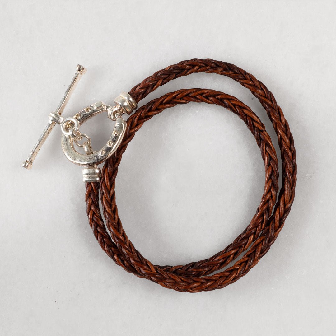 Urban Equestrian  Roundup - Braided Leather Horseshoe Bracelet in Brown & Silver