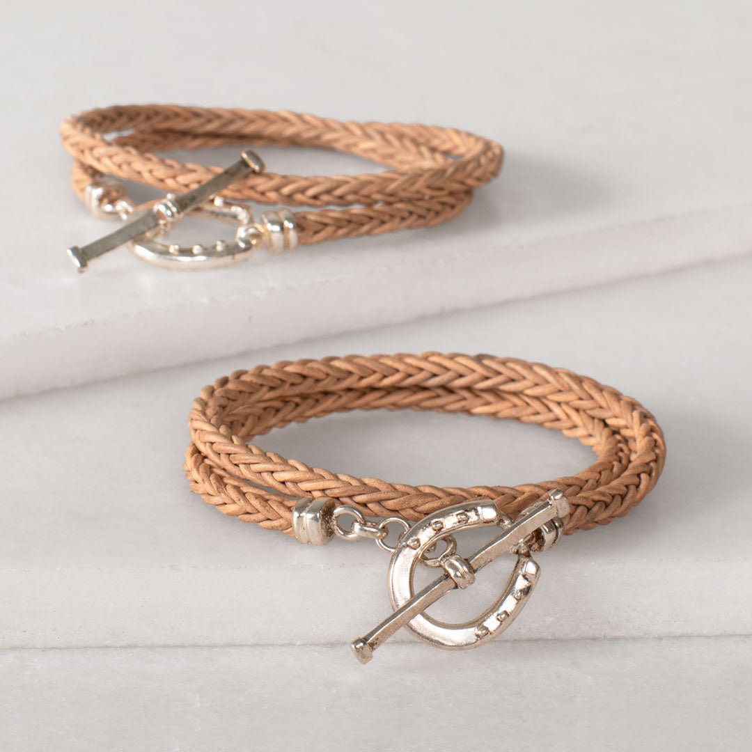Urban Equestrian  Roundup - Braided Leather Horseshoe Bracelet in Natural & Silver