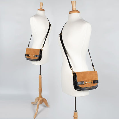 Urban Equestrian  Saratoga- Horse Bit Crossbody Luxury Leather Handbag in Black on Chestnut