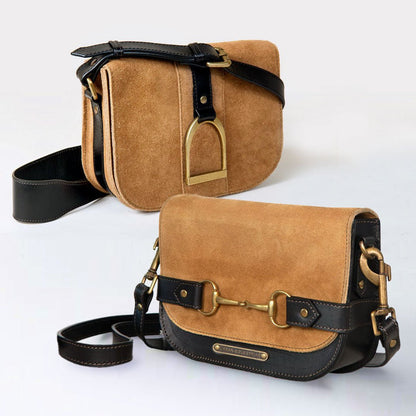 Urban Equestrian  Saratoga- Horse Bit Crossbody Luxury Leather Handbag in Black on Chestnut