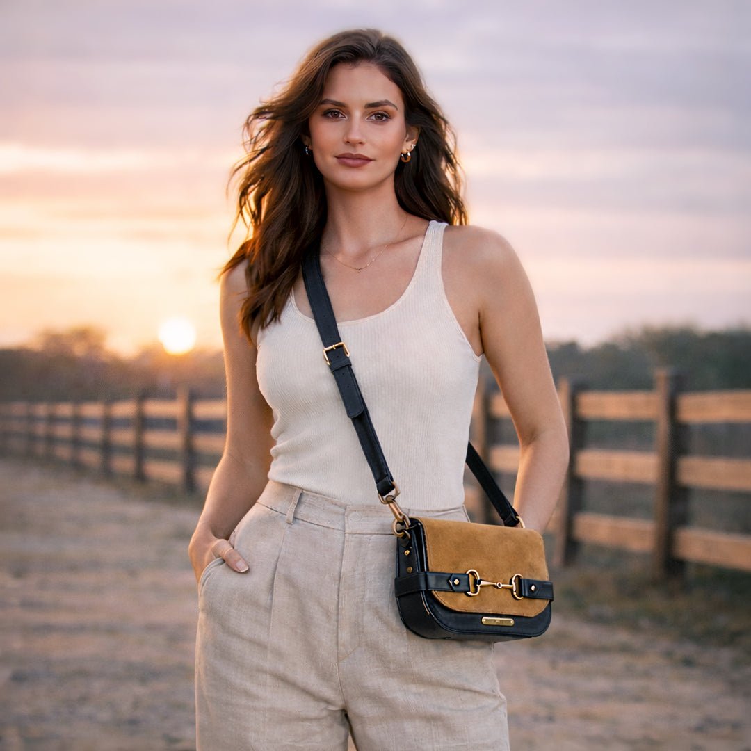 Urban Equestrian  Saratoga- Horse Bit Crossbody Luxury Leather Handbag in Black on Chestnut