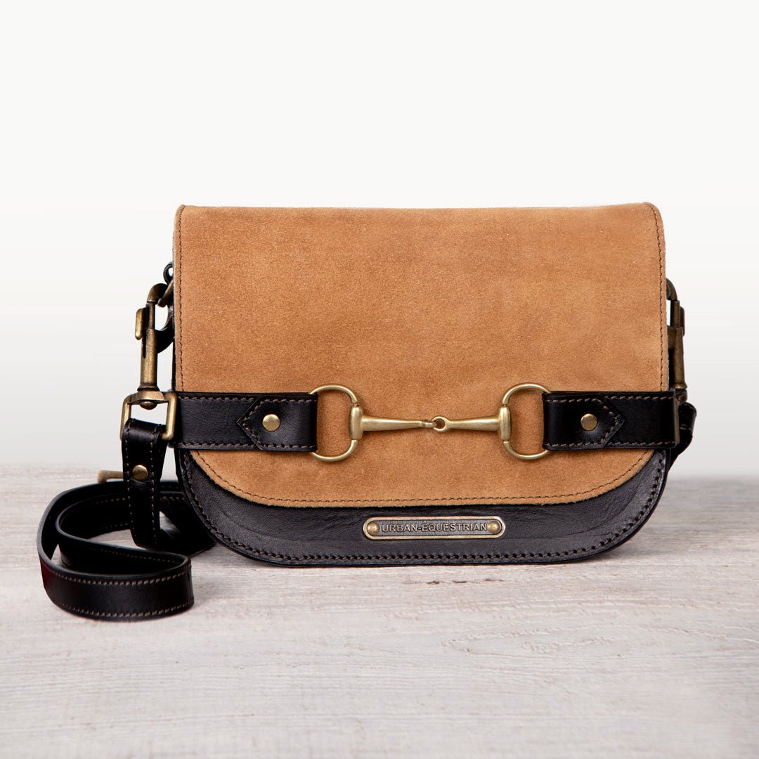 Urban Equestrian  Saratoga- Horse Bit Crossbody Luxury Leather Handbag in Black on Chestnut