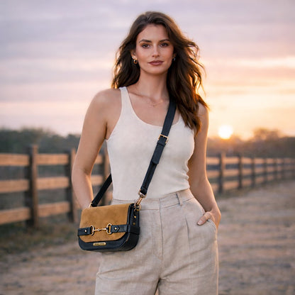 Urban Equestrian  Saratoga- Horse Bit Crossbody Luxury Leather Handbag in Black on Chestnut