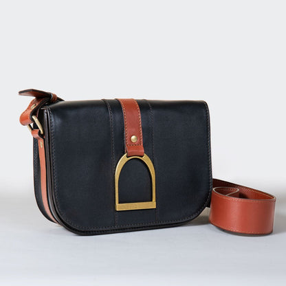 Urban Equestrian  Signature Stirrup - Riding Stirrup Crossbody Luxury Leather Handbag in Cognac on Black