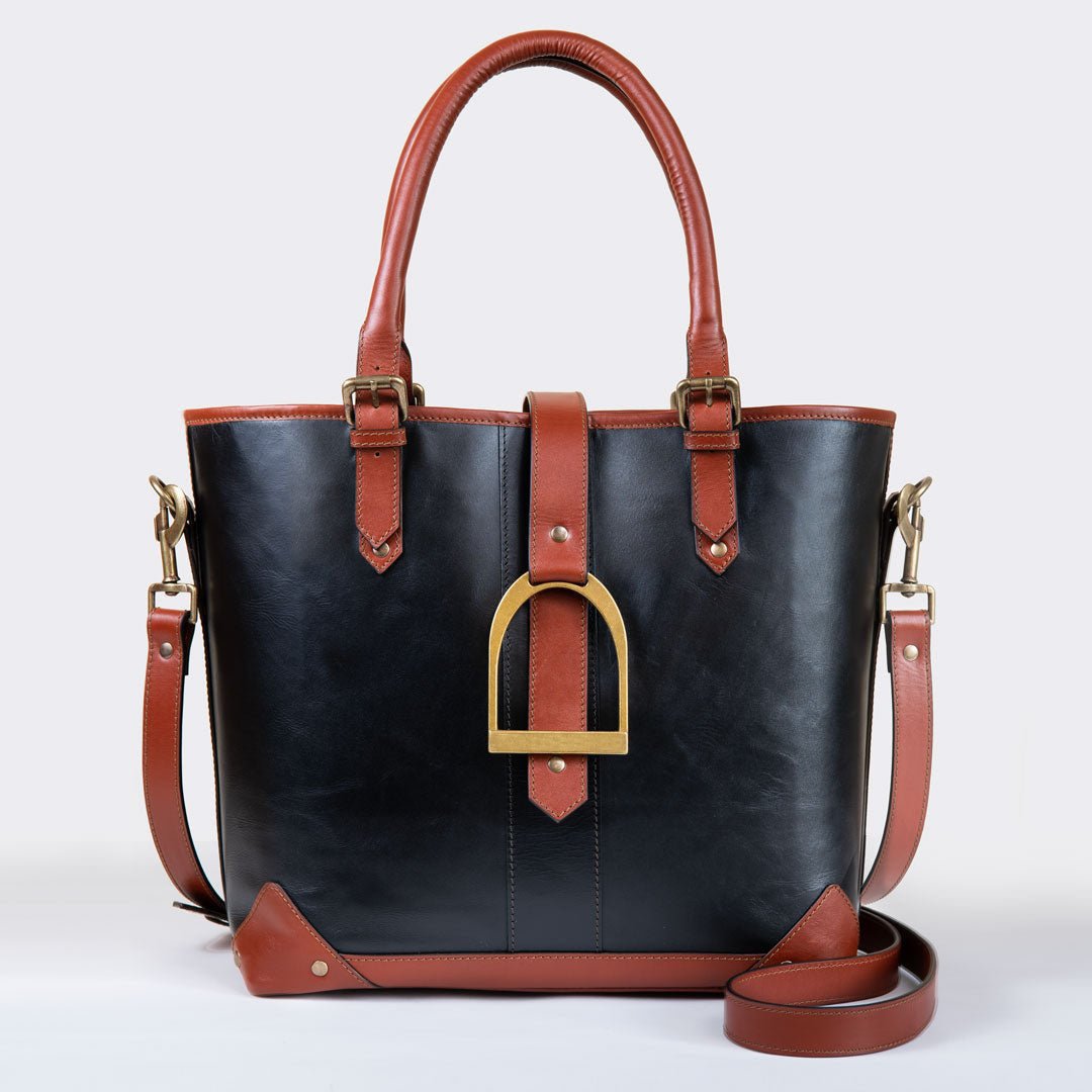 Urban Equestrian  Signature - Riding Stirrup Tote Luxury Leather Handbag in Cognac on Black