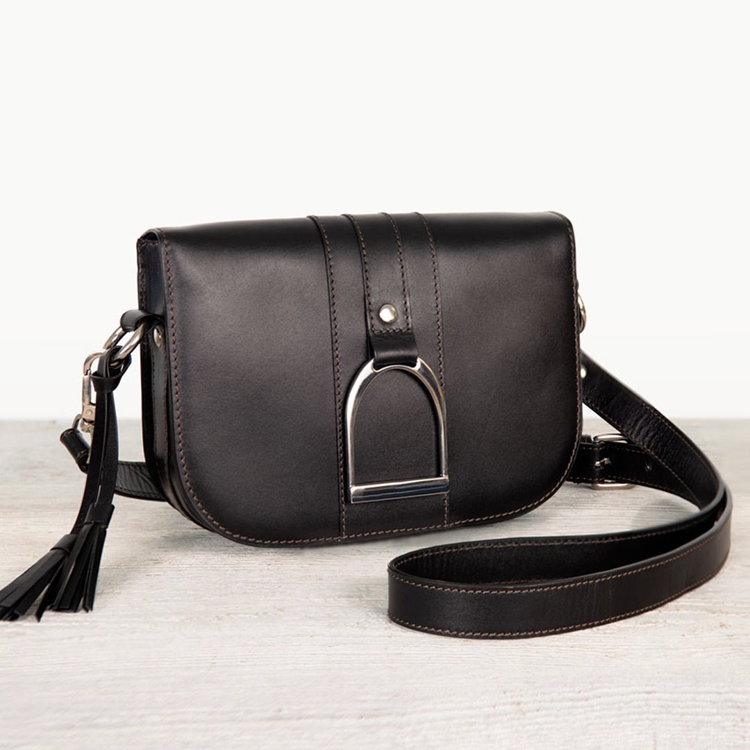 Urban Equestrian  Signature Stirrup - Riding Stirrup Crossbody Luxury Leather Handbag in Black