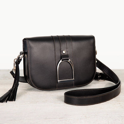 Urban Equestrian  Signature Stirrup - Riding Stirrup Crossbody Luxury Leather Handbag in Black