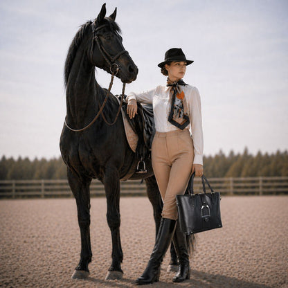 Urban Equestrian  Signature - Riding Stirrup Tote Luxury Leather Handbag in Black