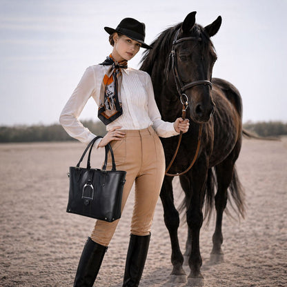 Urban Equestrian  Signature - Riding Stirrup Tote Luxury Leather Handbag in Black
