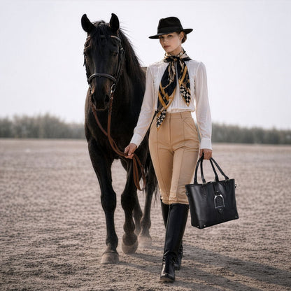 Urban Equestrian  Signature - Riding Stirrup Tote Luxury Leather Handbag in Black