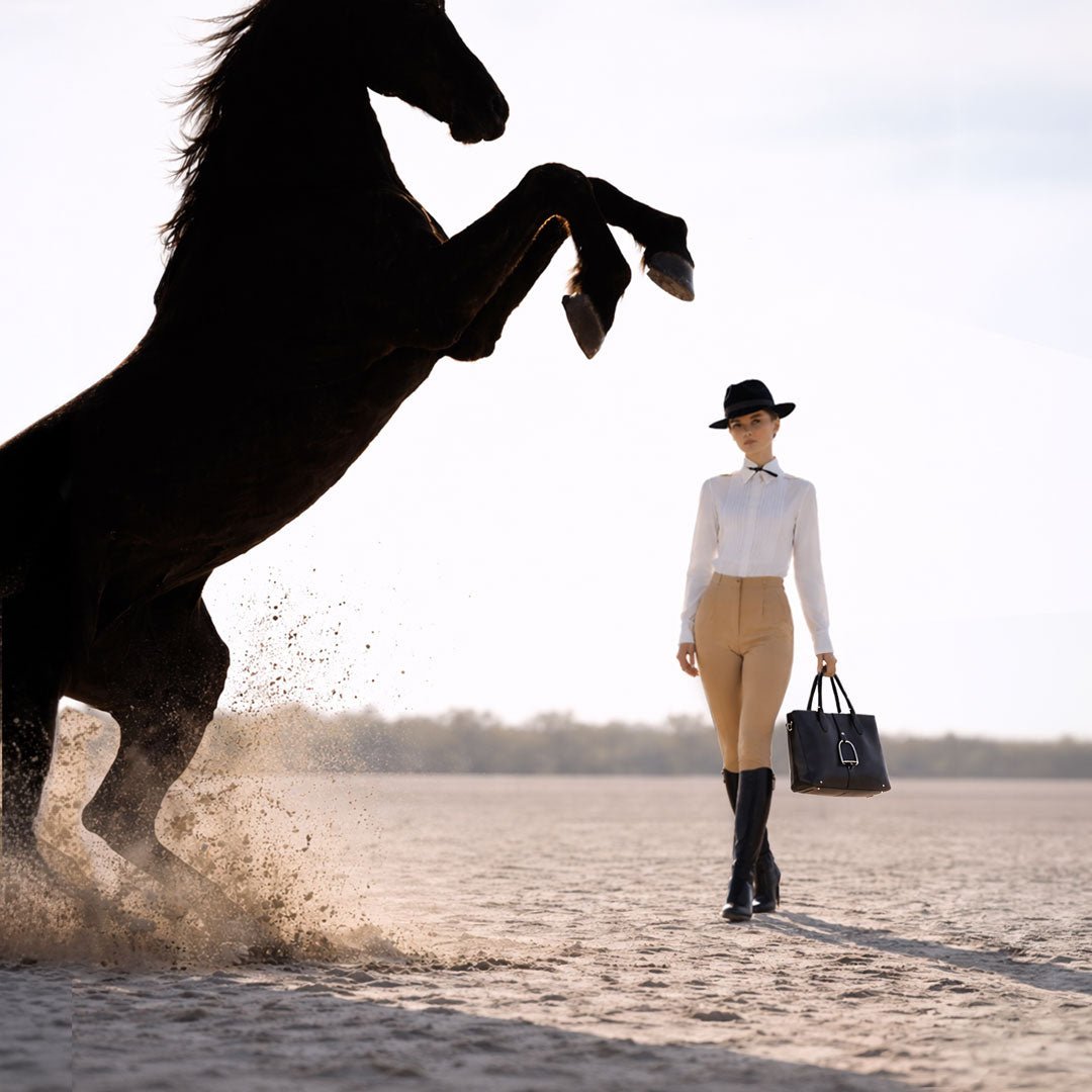 Urban Equestrian  Signature - Riding Stirrup Tote Luxury Leather Handbag in Black