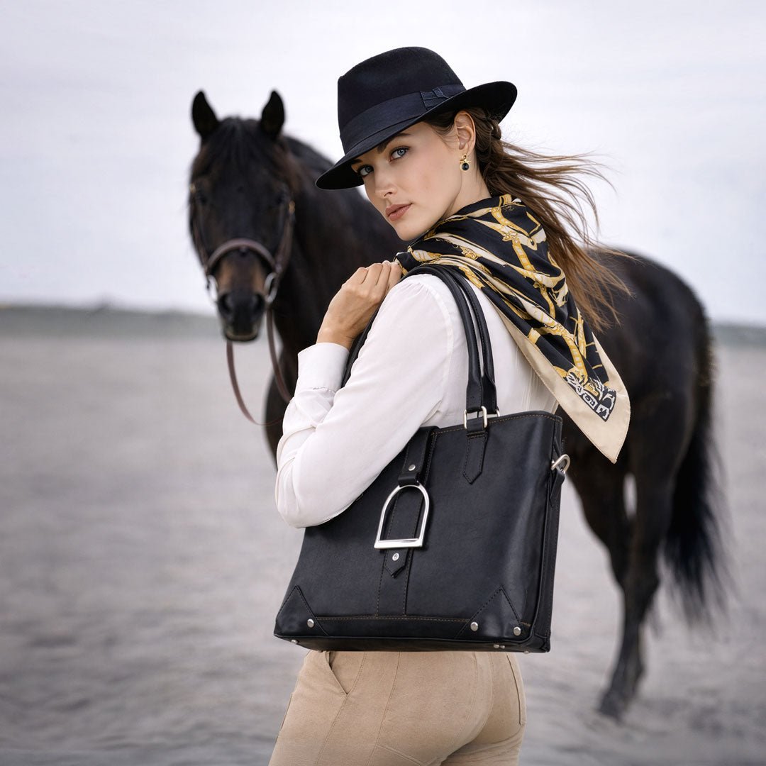 Urban Equestrian  Signature - Riding Stirrup Tote Luxury Leather Handbag in Black