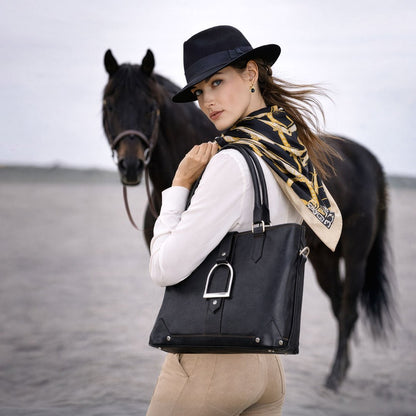 Urban Equestrian  Signature - Riding Stirrup Tote Luxury Leather Handbag in Black