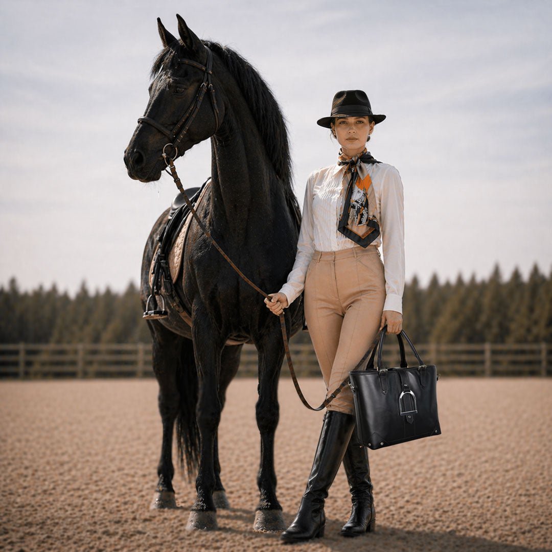 Urban Equestrian  Signature - Riding Stirrup Tote Luxury Leather Handbag in Black