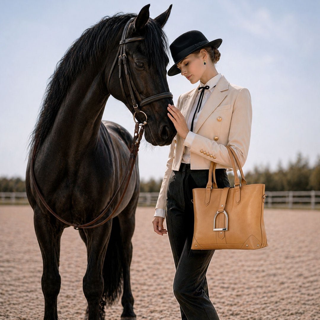 Urban Equestrian  Signature - Riding Stirrup Tote Luxury Leather Handbag in Caramel
