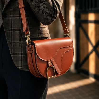 Urban Equestrian  Signature Saddle Bag - Luxury Leather Handbag in Cognac