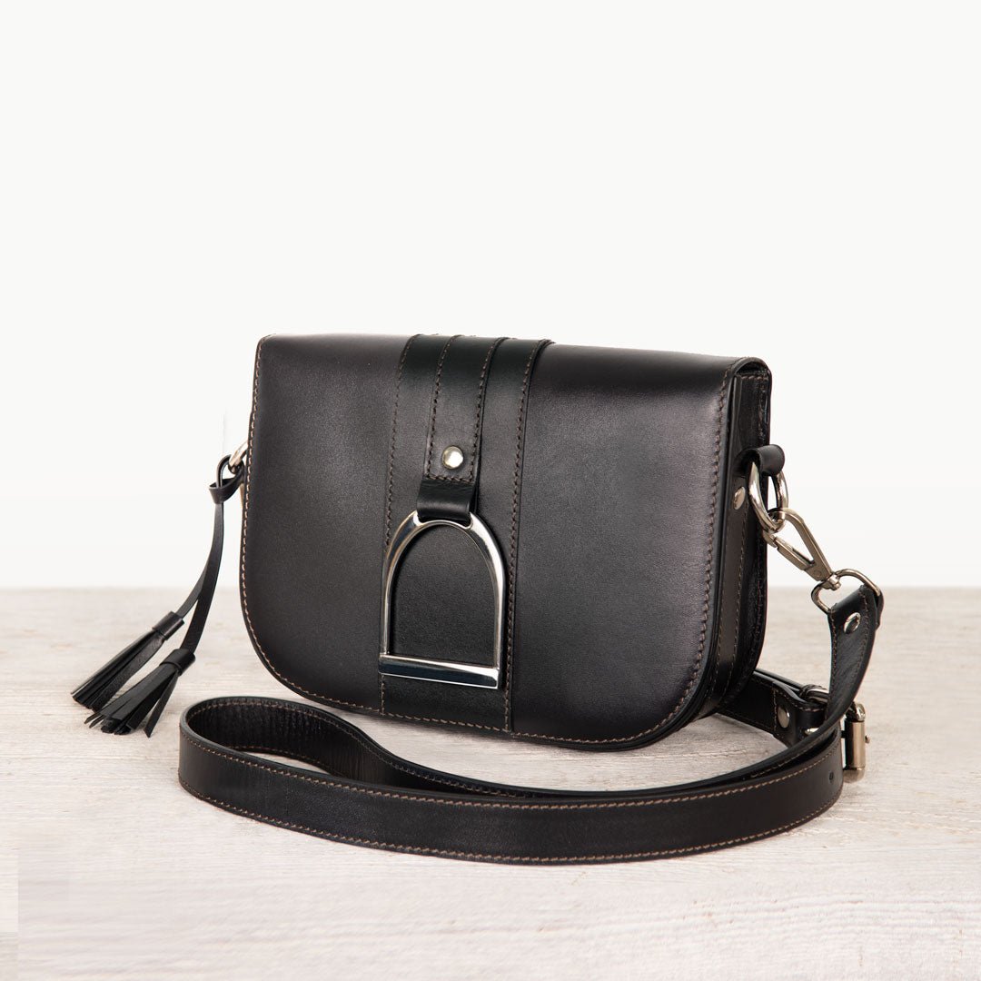 Urban Equestrian  Signature Stirrup - Riding Stirrup Crossbody Luxury Leather Handbag in Black