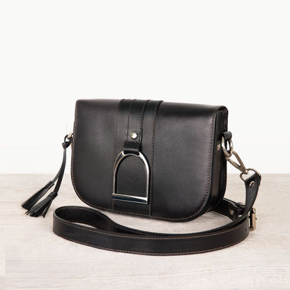 Urban Equestrian  Signature Stirrup - Riding Stirrup Crossbody Luxury Leather Handbag in Black