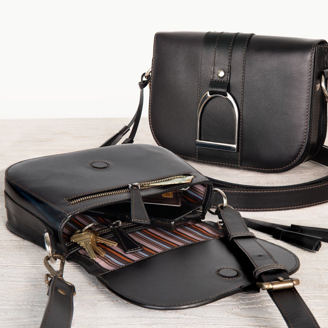 Urban Equestrian  Signature Stirrup - Riding Stirrup Crossbody Luxury Leather Handbag in Black