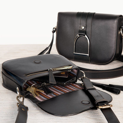Urban Equestrian  Signature Stirrup - Riding Stirrup Crossbody Luxury Leather Handbag in Black