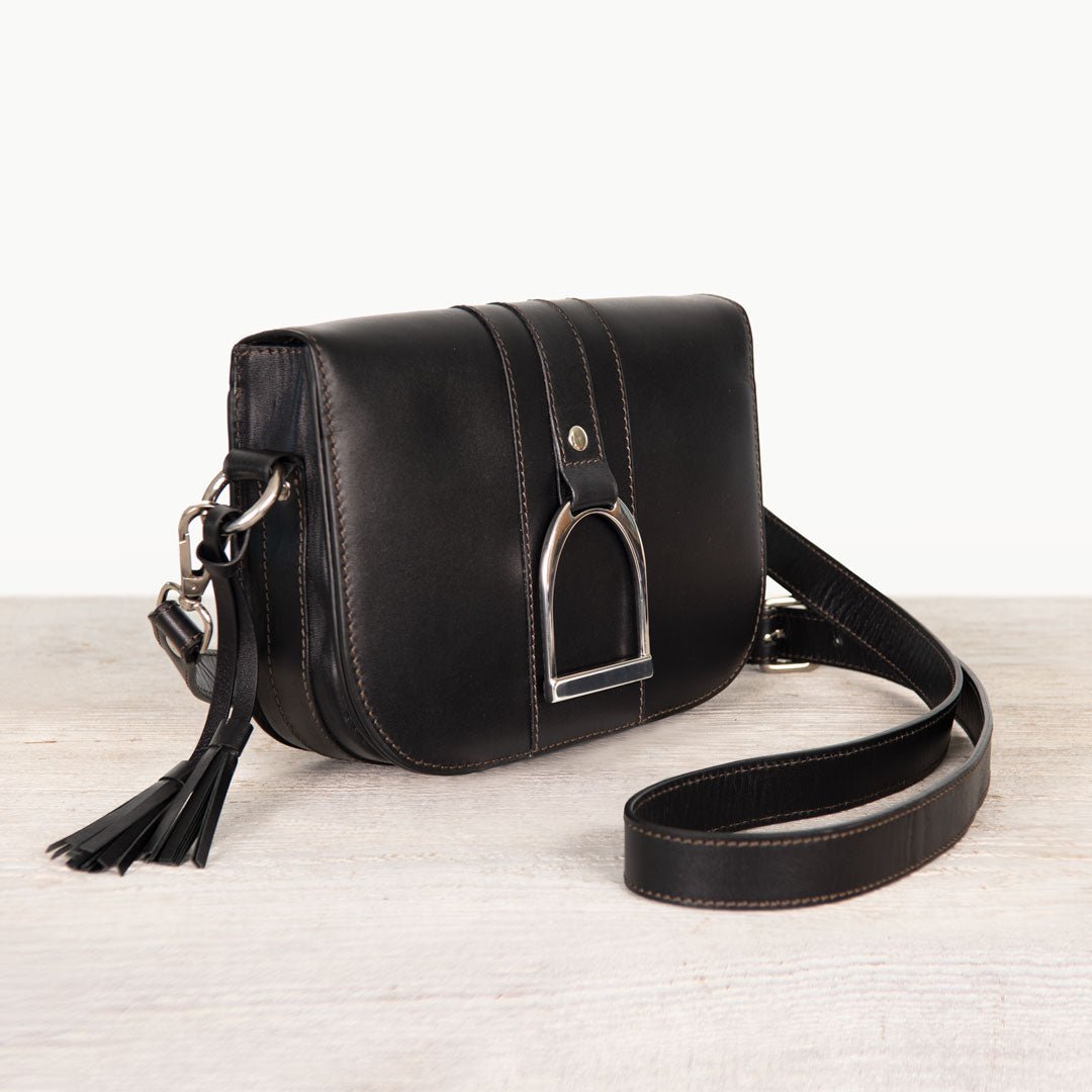 Urban Equestrian  Signature Stirrup - Riding Stirrup Crossbody Luxury Leather Handbag in Black