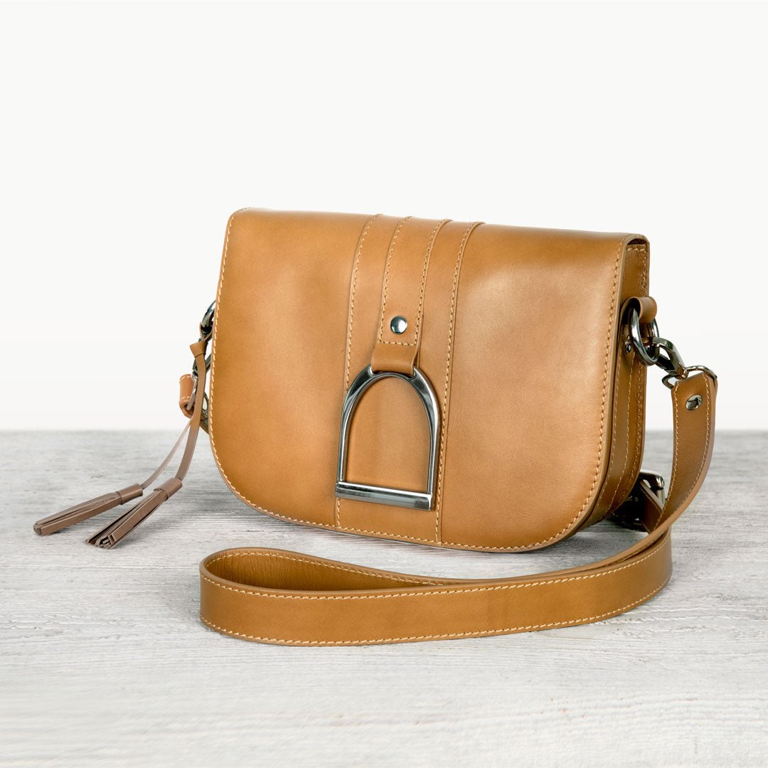 Urban Equestrian  Signature Stirrup - Riding Stirrup Crossbody Luxury Leather Handbag in Caramel
