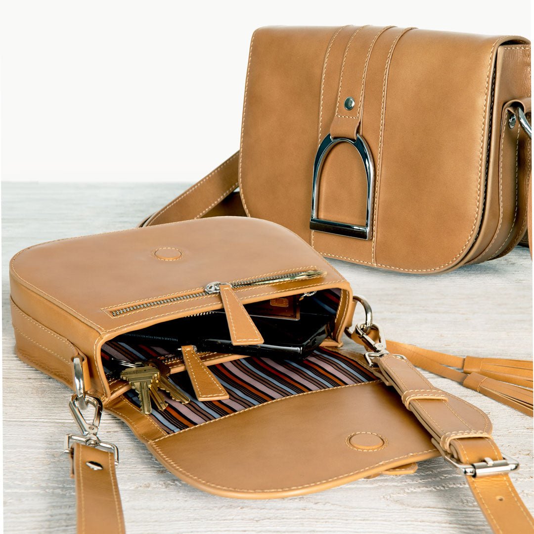 Urban Equestrian  Signature Stirrup - Riding Stirrup Crossbody Luxury Leather Handbag in Caramel