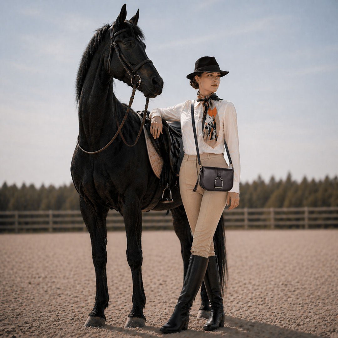 Urban Equestrian  Signature Stirrup - Riding Stirrup Crossbody Luxury Leather Handbag in Black