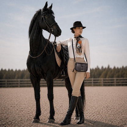Urban Equestrian  Signature Stirrup - Riding Stirrup Crossbody Luxury Leather Handbag in Black