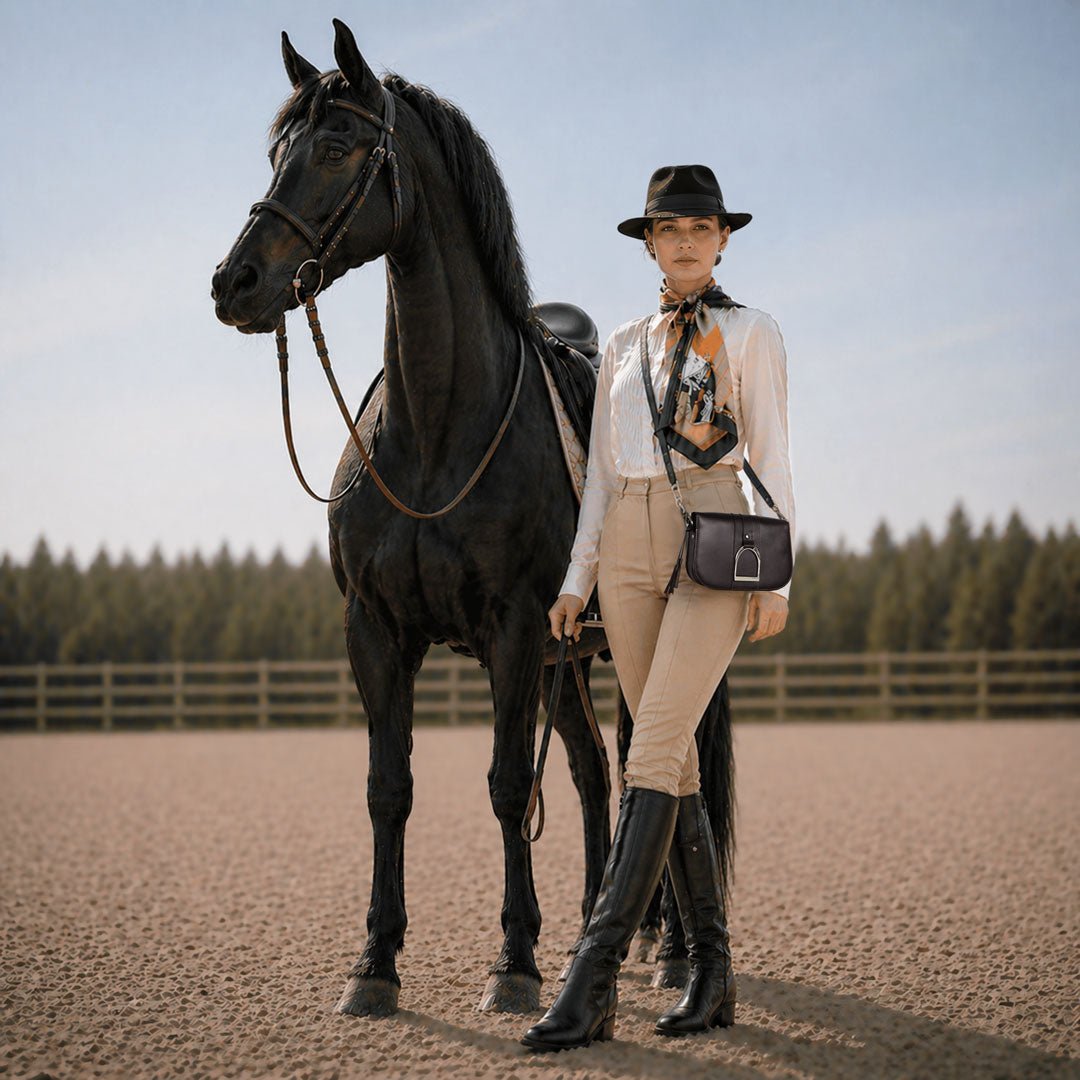 Urban Equestrian  Signature Stirrup - Riding Stirrup Crossbody Luxury Leather Handbag in Black