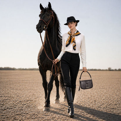 Urban Equestrian  Signature Stirrup - Riding Stirrup Crossbody Luxury Leather Handbag in Black