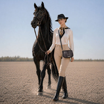 Urban Equestrian  Signature Stirrup - Riding Stirrup Crossbody Luxury Leather Handbag in Black