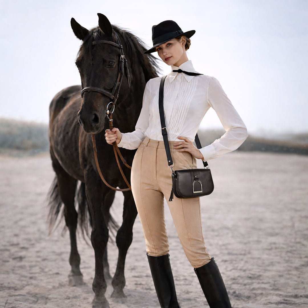 Urban Equestrian  Signature Stirrup - Riding Stirrup Crossbody Luxury Leather Handbag in Black