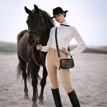 Urban Equestrian  Signature Stirrup - Riding Stirrup Crossbody Luxury Leather Handbag in Black