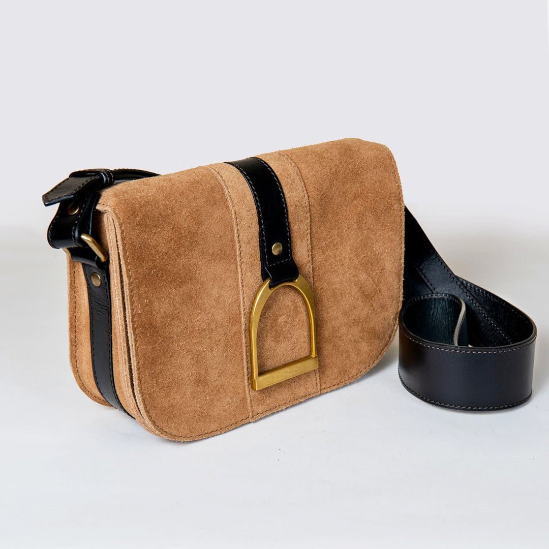 Urban Equestrian  Signature Stirrup - Riding Stirrup Crossbody Luxury Leather Handbag in Black on Chestnut