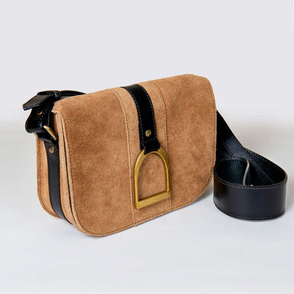 Urban Equestrian  Signature Stirrup - Riding Stirrup Crossbody Luxury Leather Handbag in Black on Chestnut