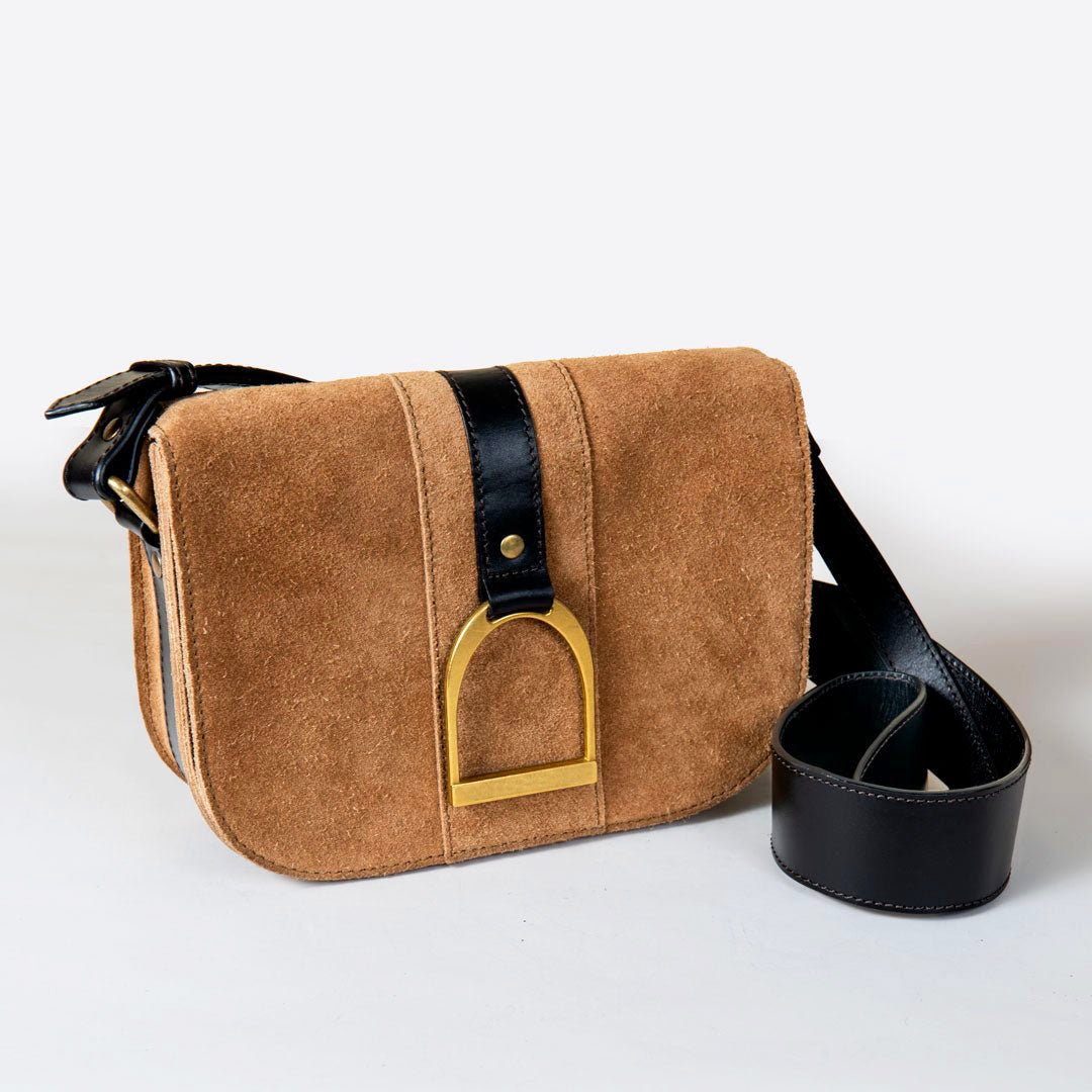 Urban Equestrian  Signature Stirrup - Riding Stirrup Crossbody Luxury Leather Handbag in Black on Chestnut