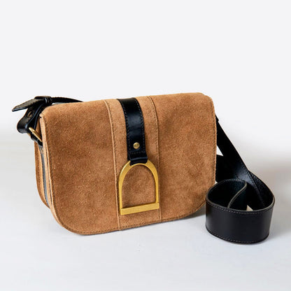 Urban Equestrian  Signature Stirrup - Riding Stirrup Crossbody Luxury Leather Handbag in Black on Chestnut