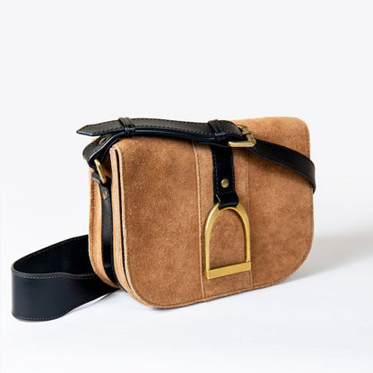Urban Equestrian  Signature Stirrup - Riding Stirrup Crossbody Luxury Leather Handbag in Black on Chestnut