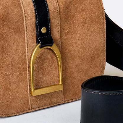 Urban Equestrian  Signature Stirrup - Riding Stirrup Crossbody Luxury Leather Handbag in Black on Chestnut