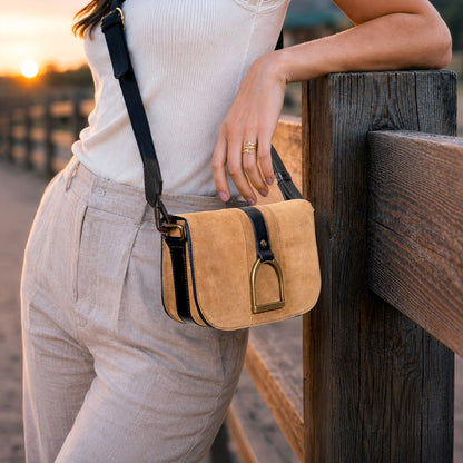Urban Equestrian  Signature Stirrup - Riding Stirrup Crossbody Luxury Leather Handbag in Black on Chestnut