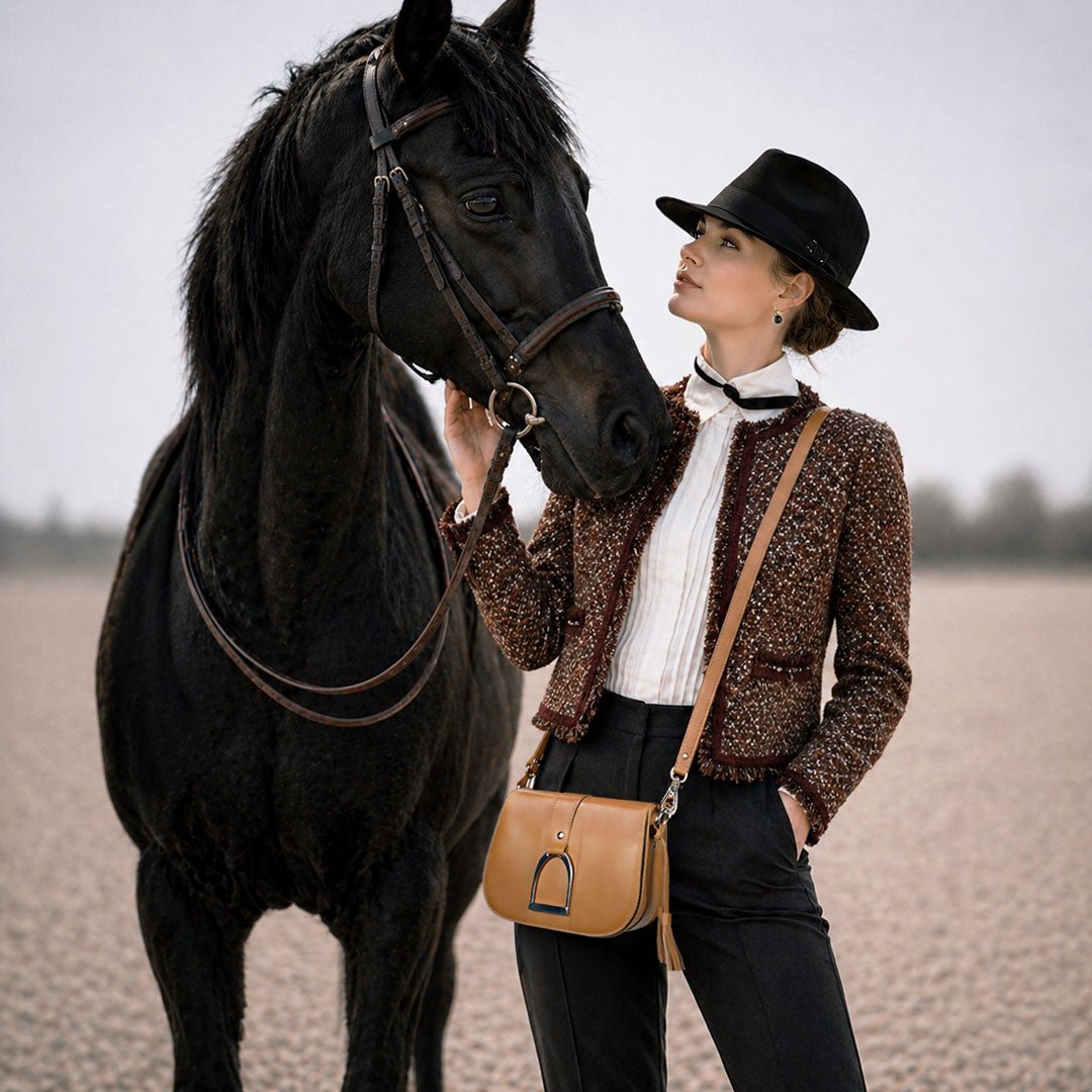 Urban Equestrian  Signature Stirrup - Riding Stirrup Crossbody Luxury Leather Handbag in Caramel